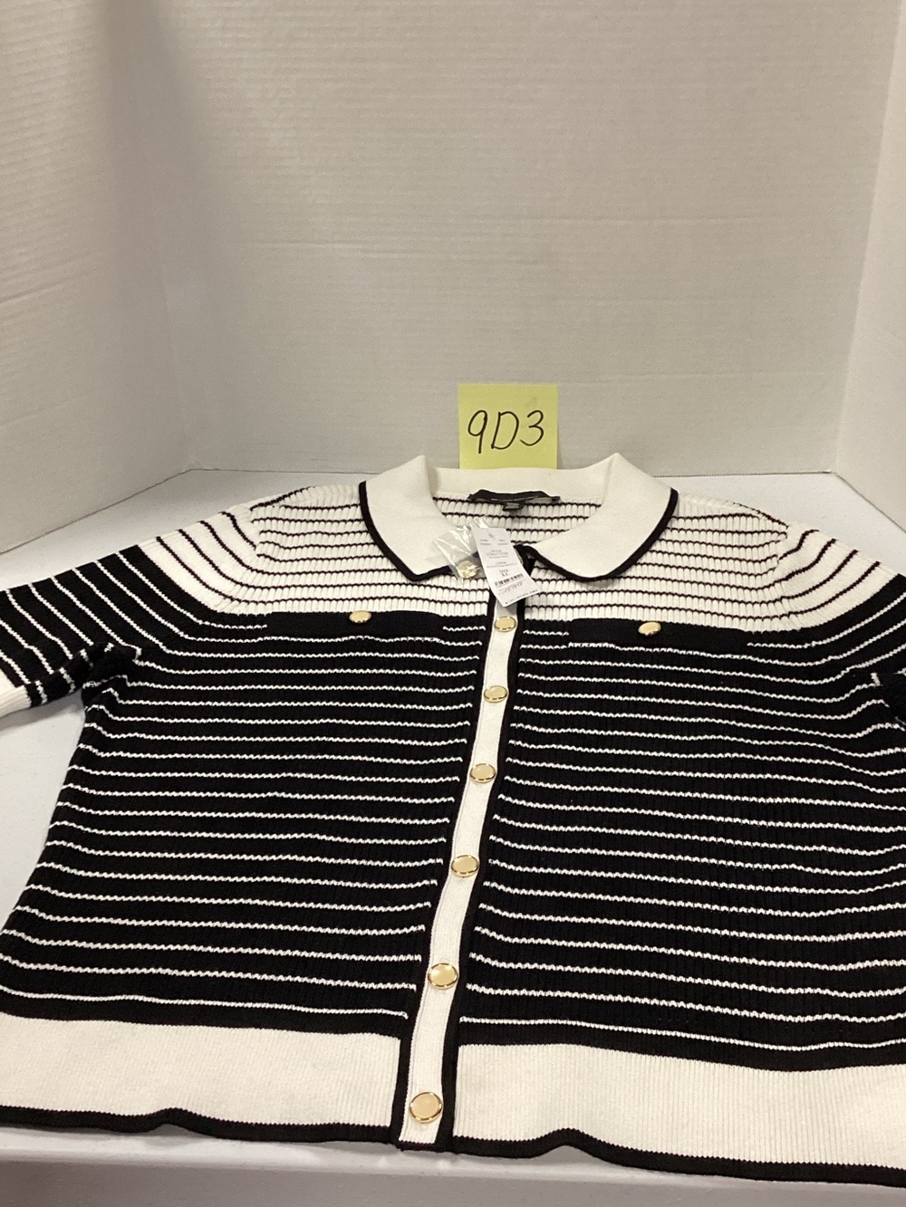 White House Black Market Black and White Striped Polo Cardigan